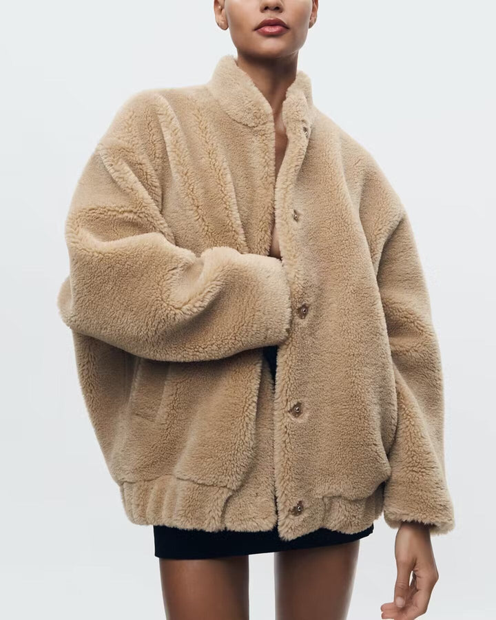 Giacca Teddy Donna Oversize Beige Collo alla Coreana