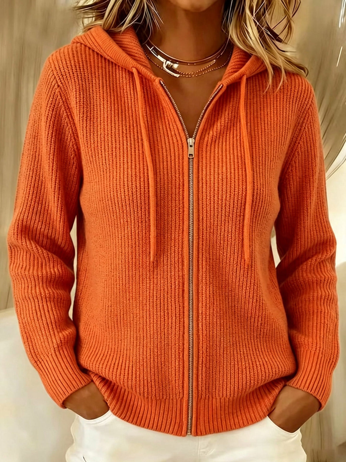 Cardigan Donna con Cappuccio e Zip a Coste