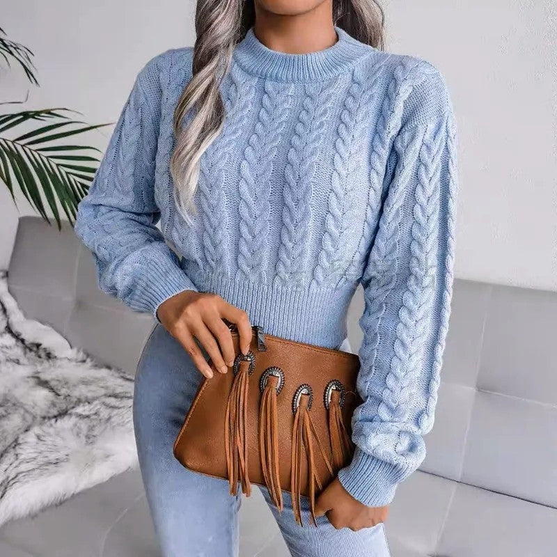 Maglione Corto Donna a Trecce Maniche a Sbuffo