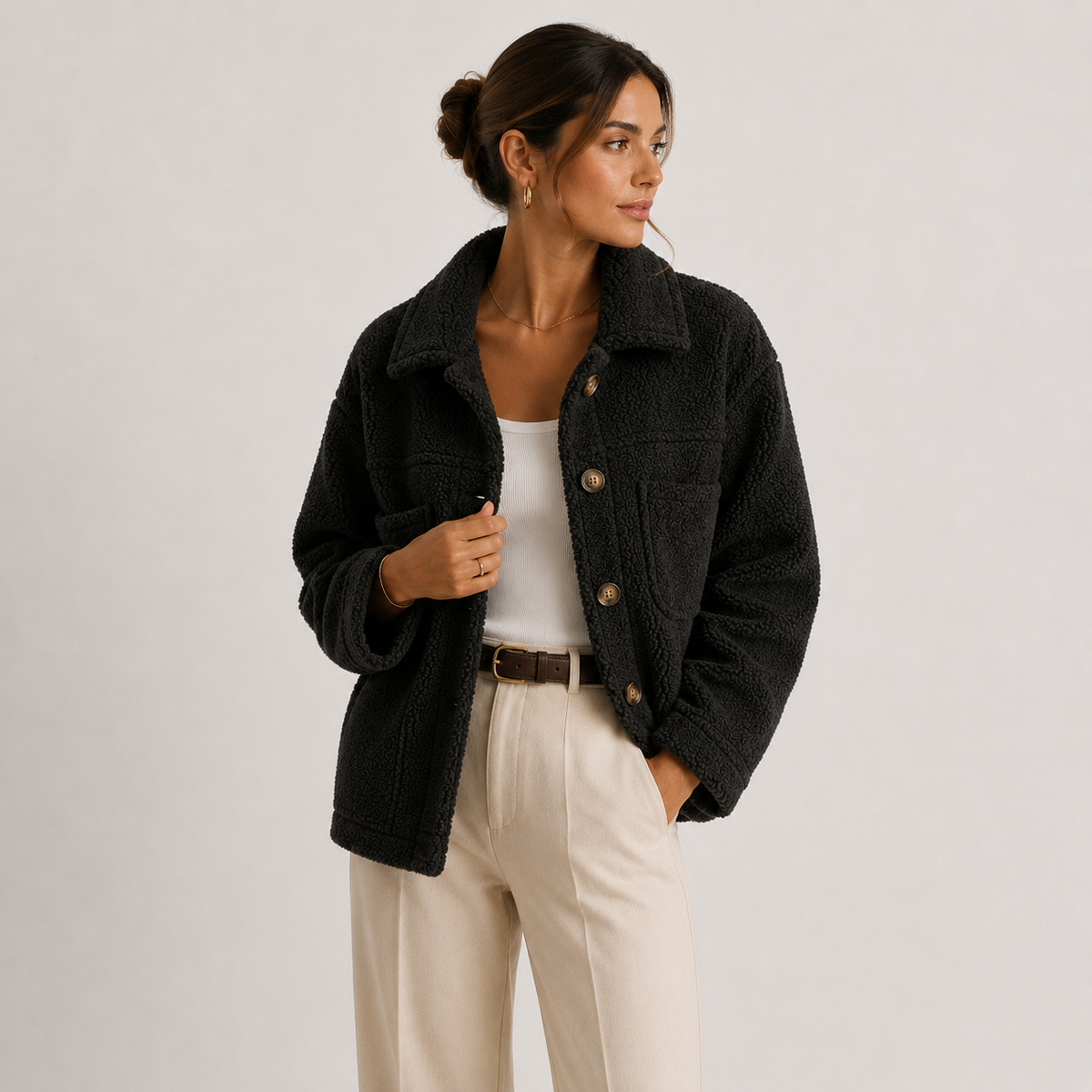 Giacca Camicia Donna Teddy Corta con Tasche