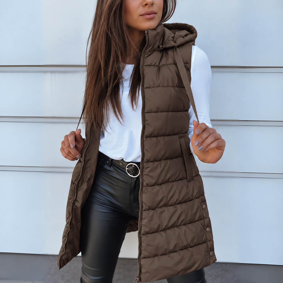 Gilet Imbottito Lungo Donna con Cappuccio