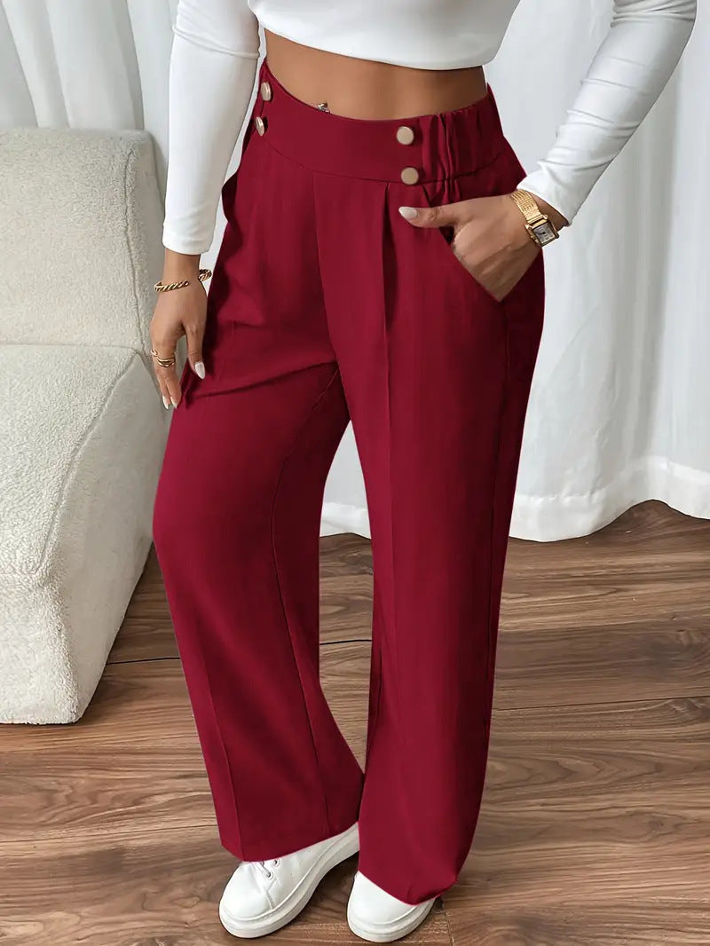 Pantaloni Palazzo Donna Vita Alta con Bottoni Dorati
