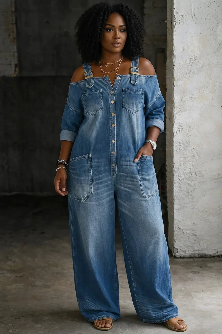Tuta Intera Donna Jeans Camicia Spalle Scoperte