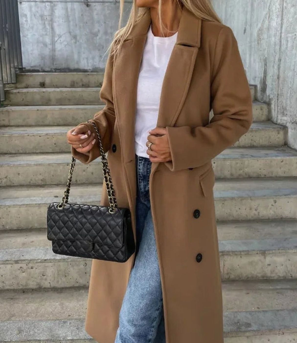 Cappotto Lungo Donna Doppiopetto Classico con Revers