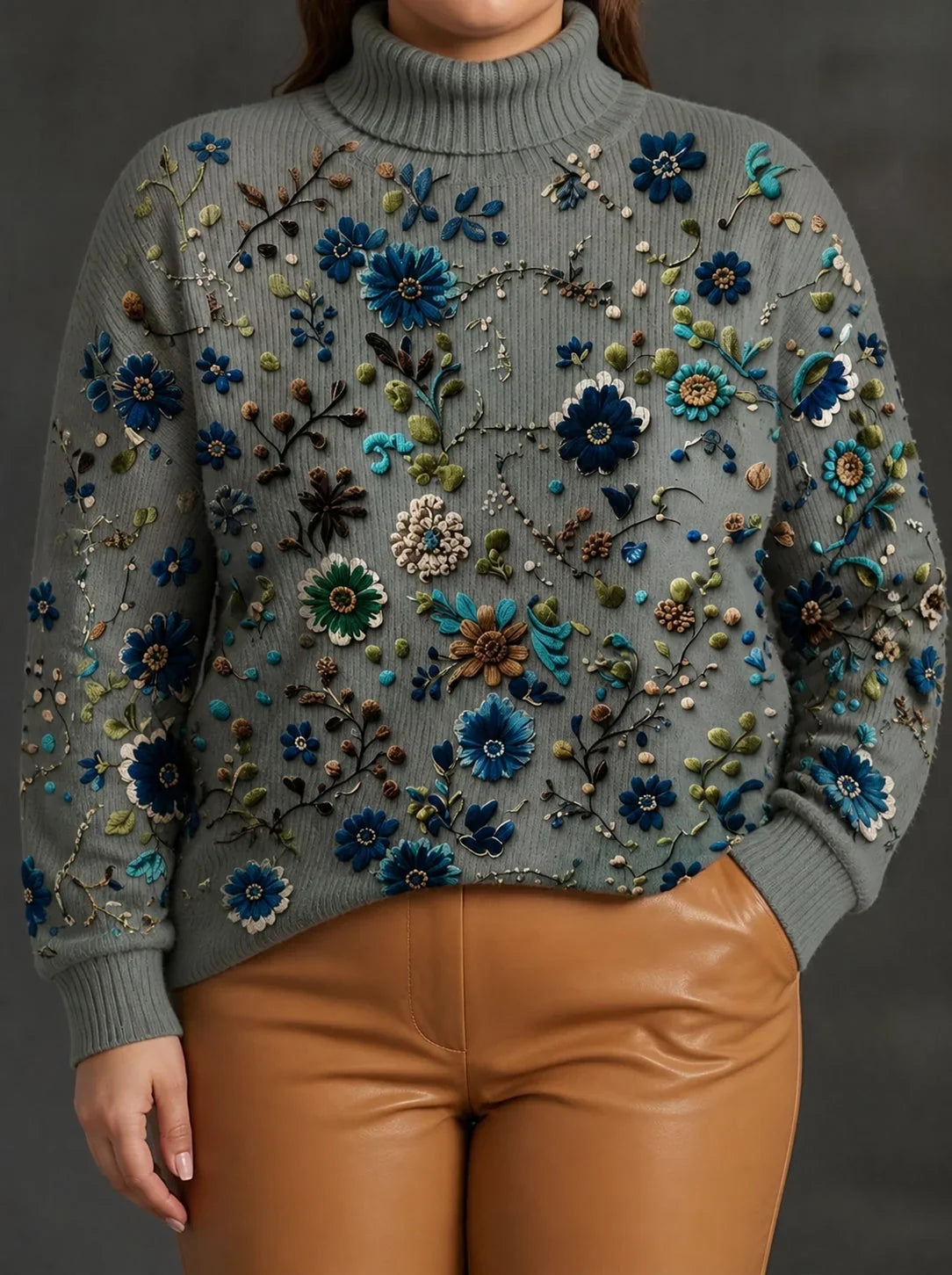 Maglione Dolcevita Donna Oversize Ricamo Fiori Maglia