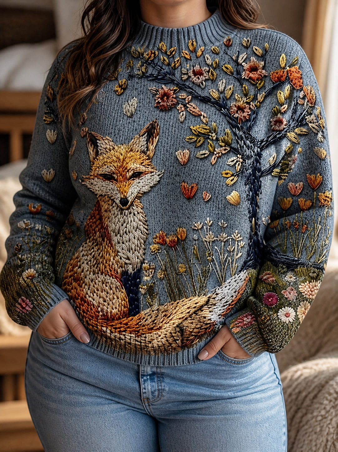 Maglione Dolcevita Donna Ricamo Volpe Manica Palloncino