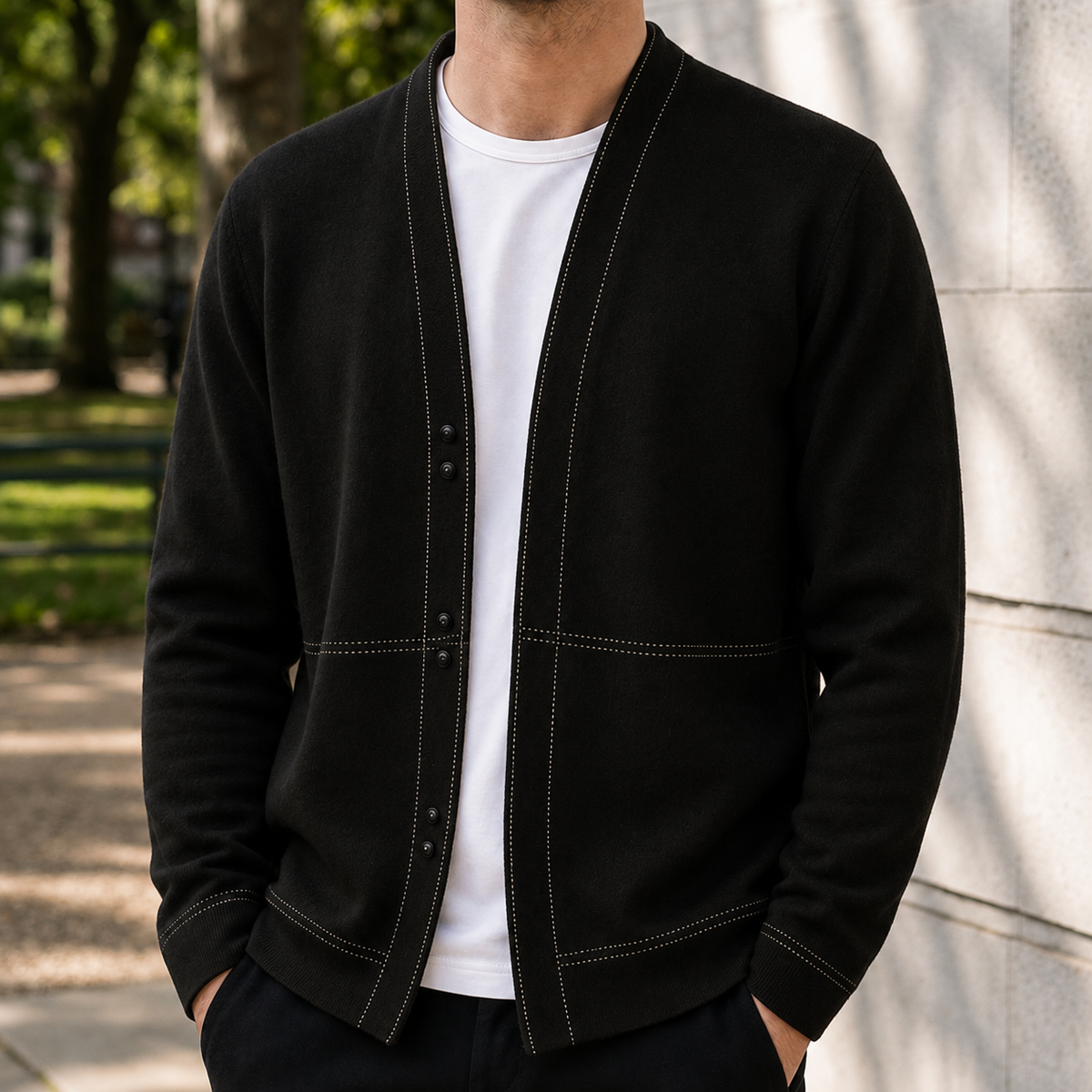 Cardigan Uomo Scollo a V Cuciture a Contrasto
