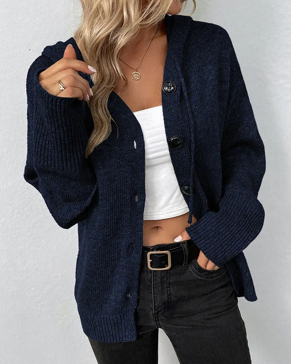 Cardigan Donna Girocollo con Bottoni Bordi a Coste