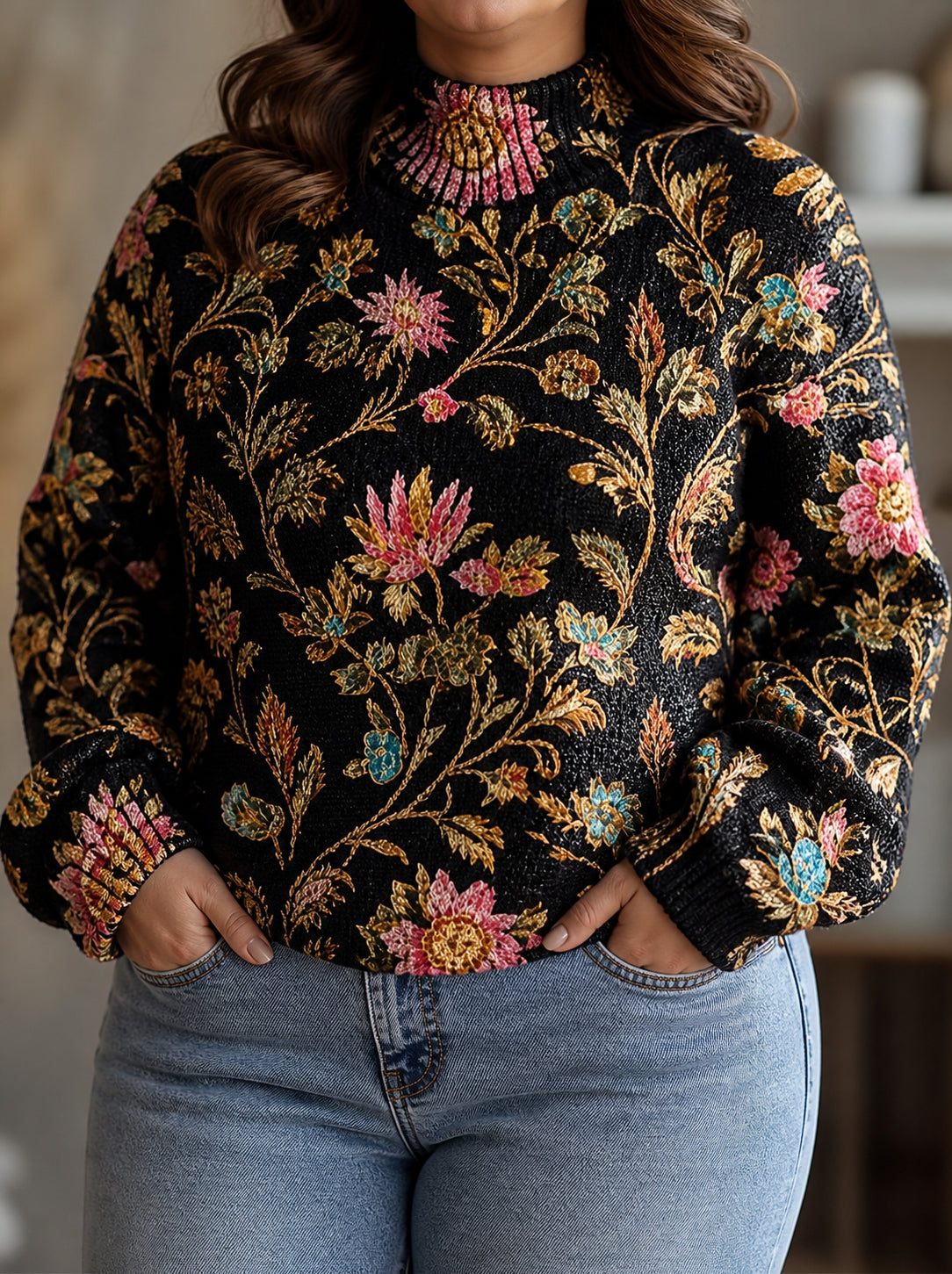 Maglione Dolcevita Donna Manica a Palloncino Ricamato