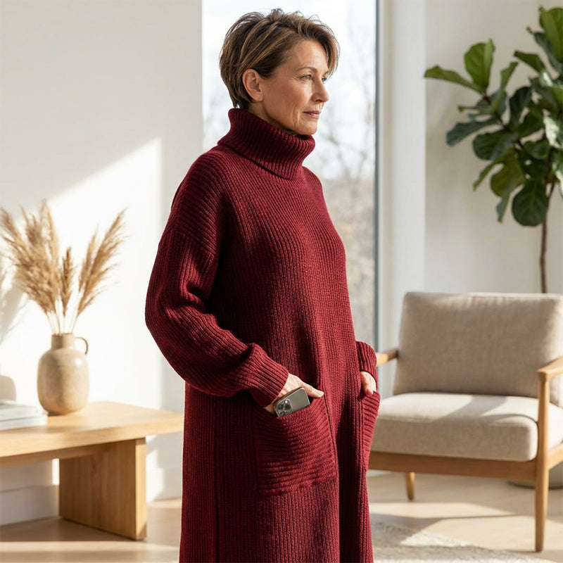 Abito Maglione Donna Lungo Collo Alto con Tasche