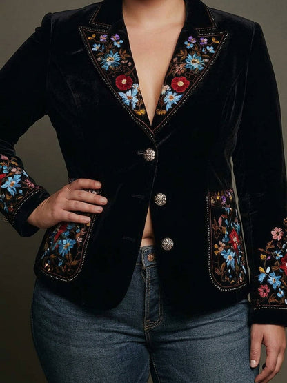 Blazer Donna Monopetto Ricamo Floreale Nero