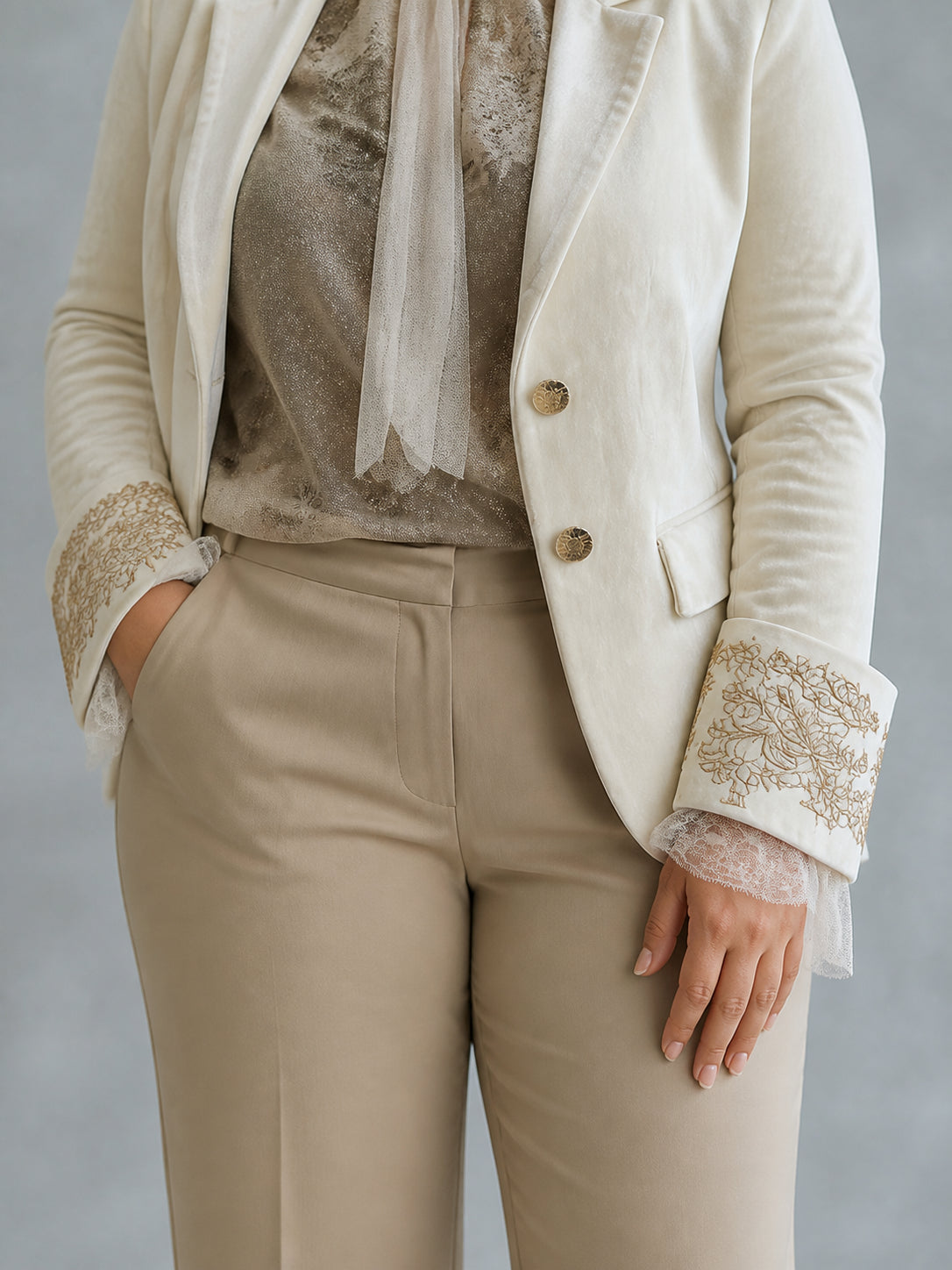 Blazer Donna Sartoriale Ricamo Oro Avorio