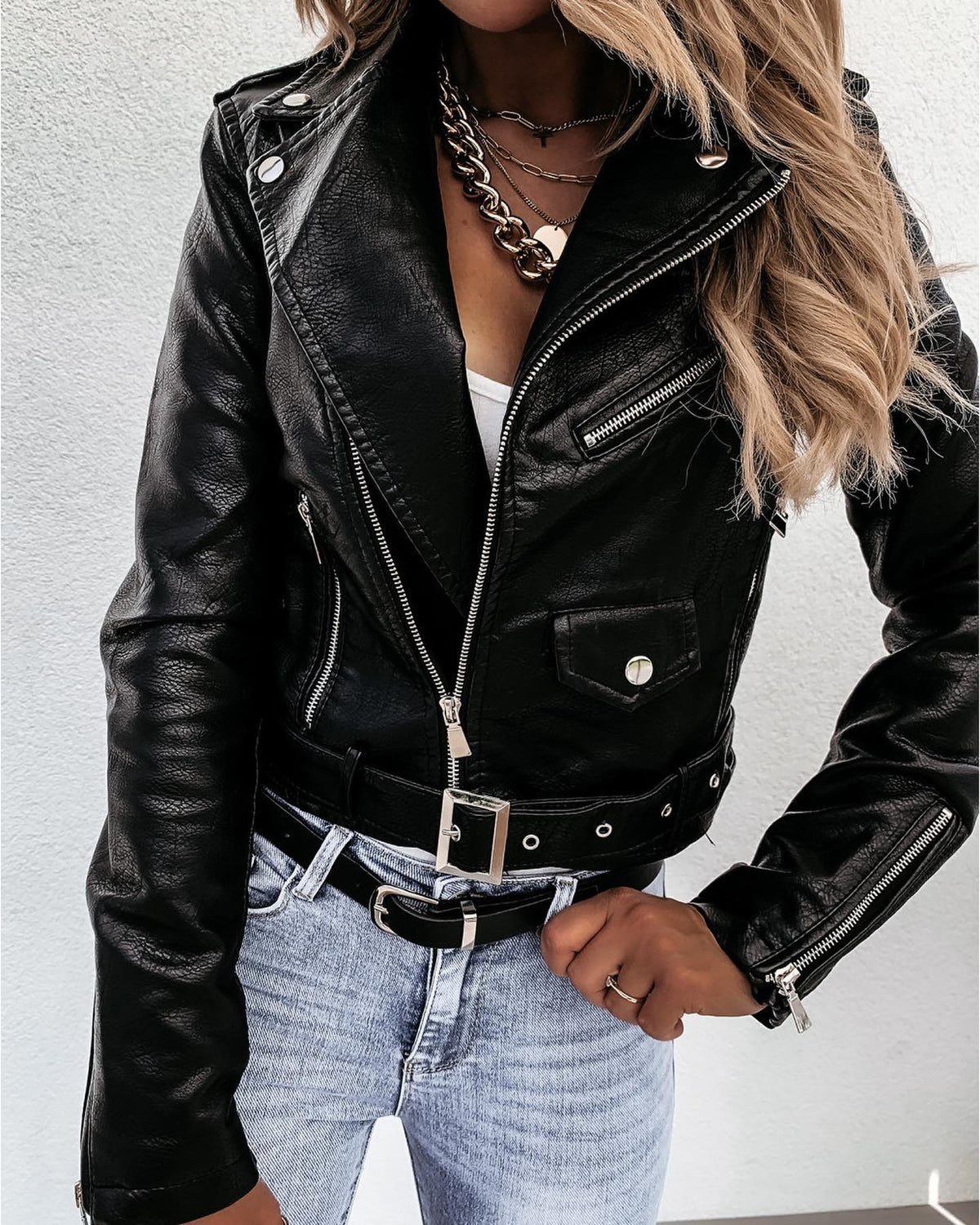 Giacca Biker Donna Corta con Zip Asimmetrica