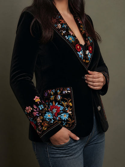 Blazer Donna Monopetto Ricamo Floreale Nero