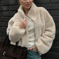 Giacca Bomber Donna Peluche Corta Collo Alto Beige