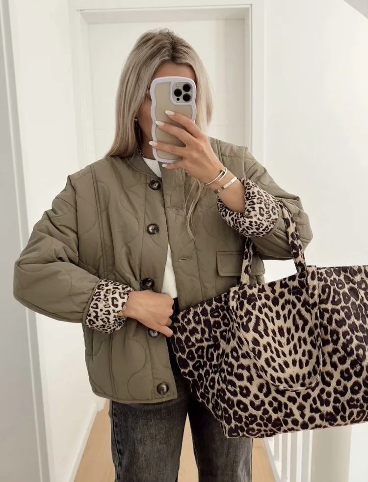 Giacca Trapuntata Donna con Dettagli Leopardati