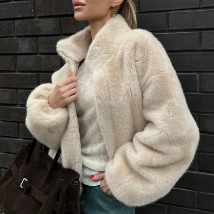Giacca Bomber Donna Peluche Corta Collo Alto Beige