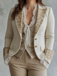 Blazer Donna Sartoriale Ricamo Oro Avorio