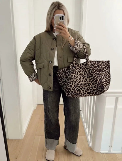 Giacca Trapuntata Donna con Dettagli Leopardati