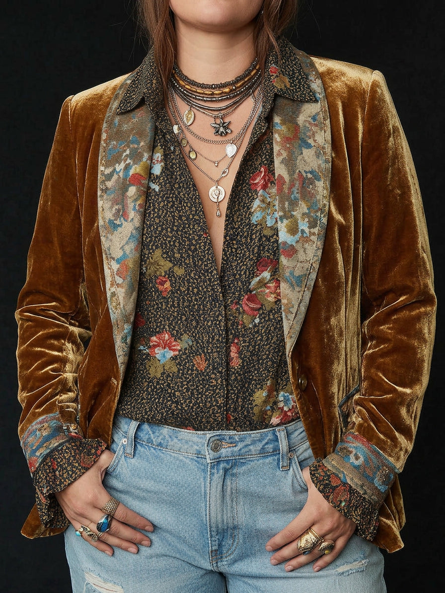 Blazer Donna Sartoriale Patchwork Floreale Marrone