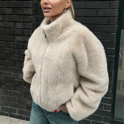 Giacca Bomber Donna Peluche Corta Collo Alto Beige