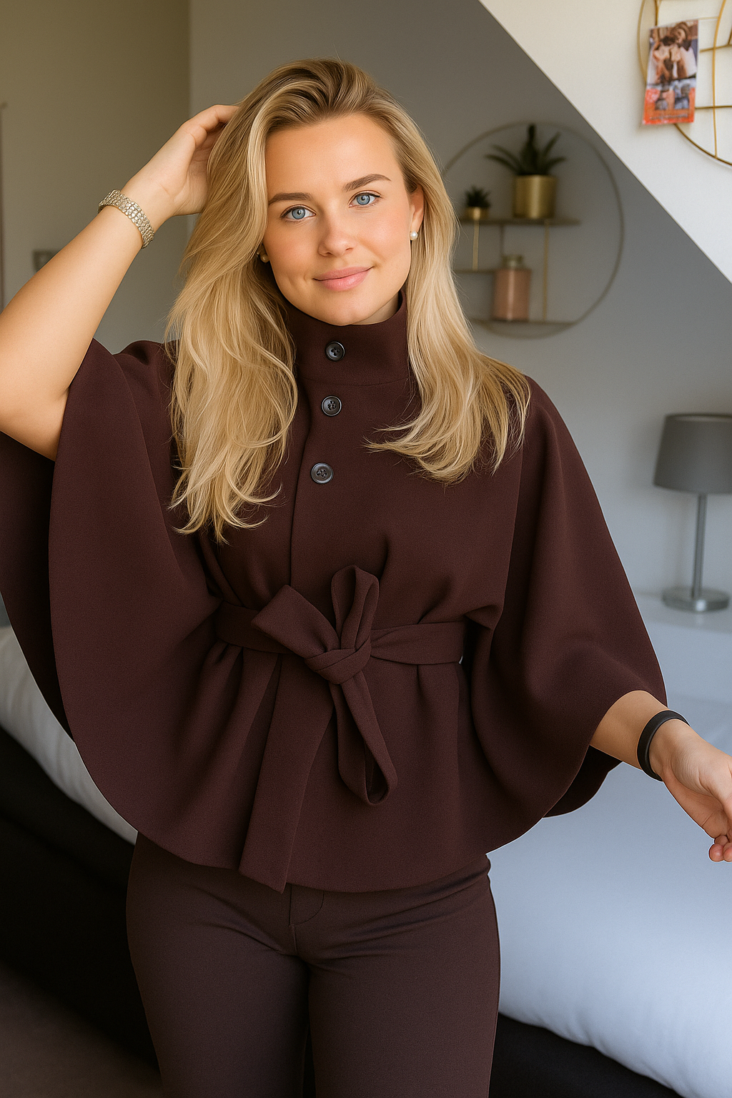 Cappotto Mantella Donna con Cintura Collo Alto