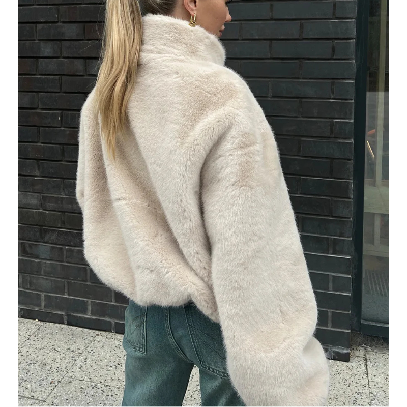 Giacca Bomber Donna Peluche Corta Collo Alto Beige