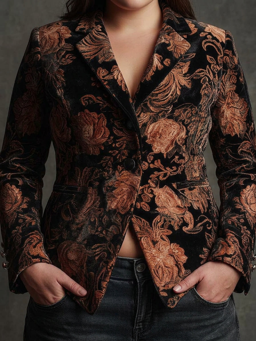 Blazer Donna Aderente Jacquard Floreale Elegante