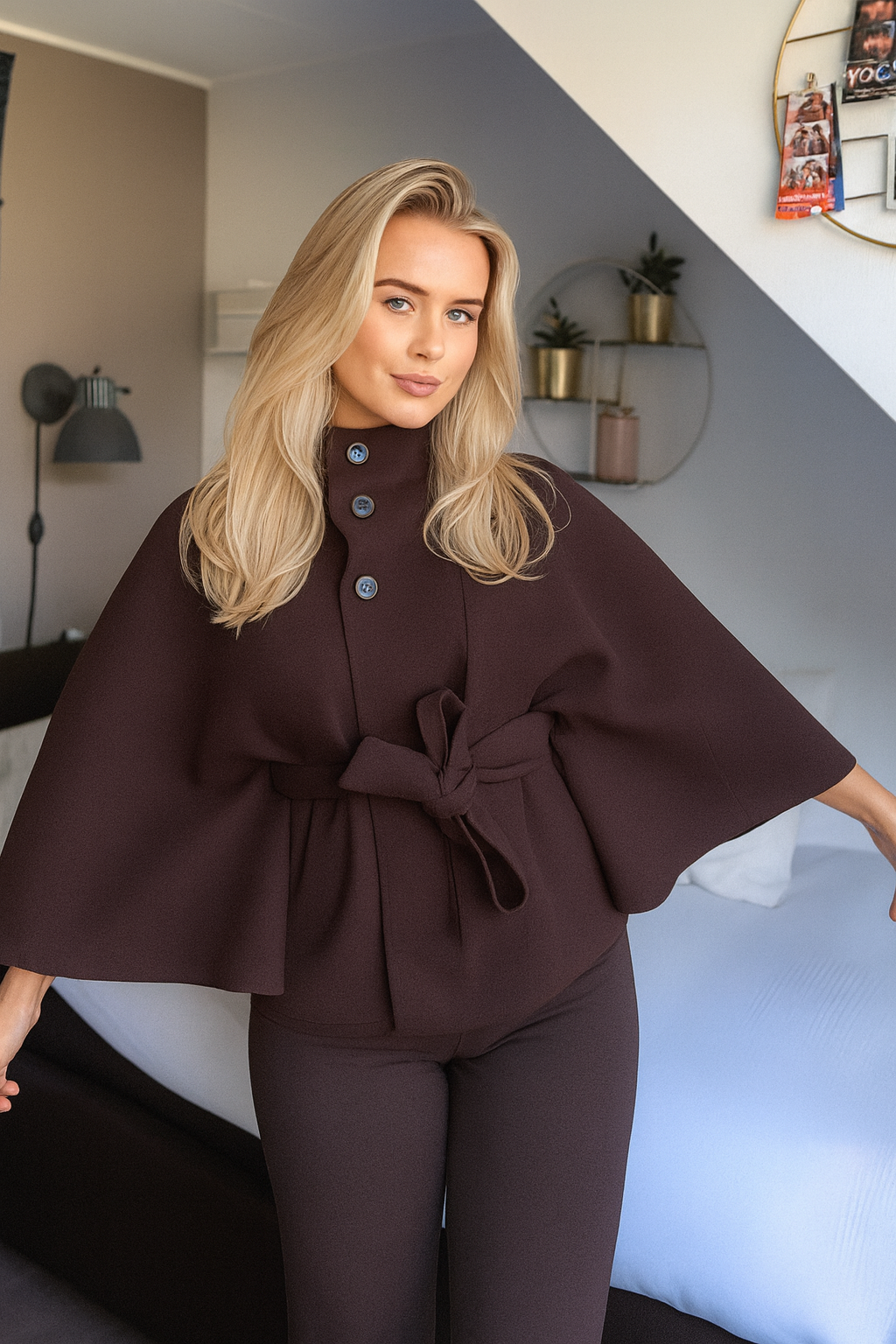 Cappotto Mantella Donna con Cintura Collo Alto