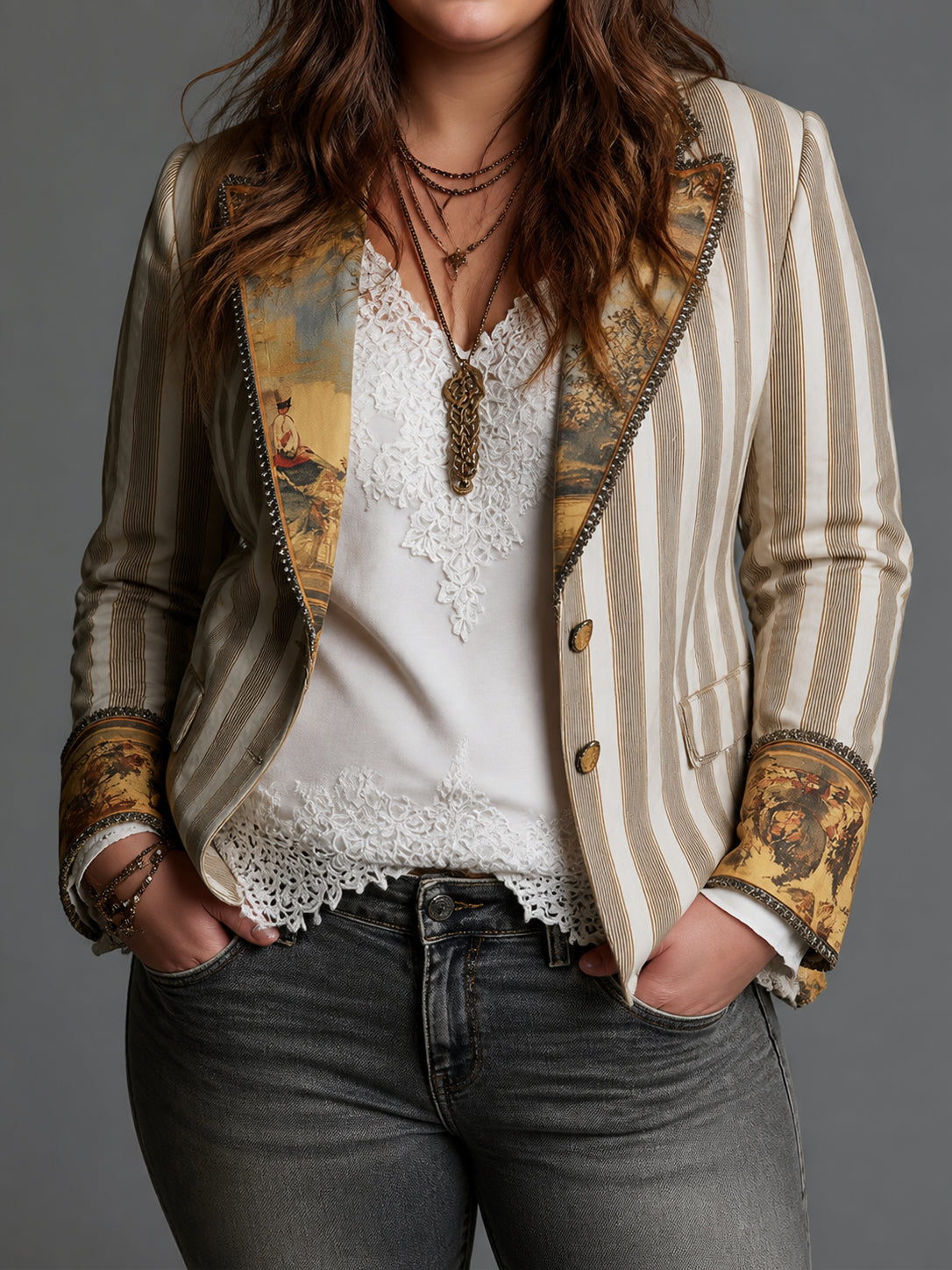 Blazer Donna Morbido a Righe Revers Stampati