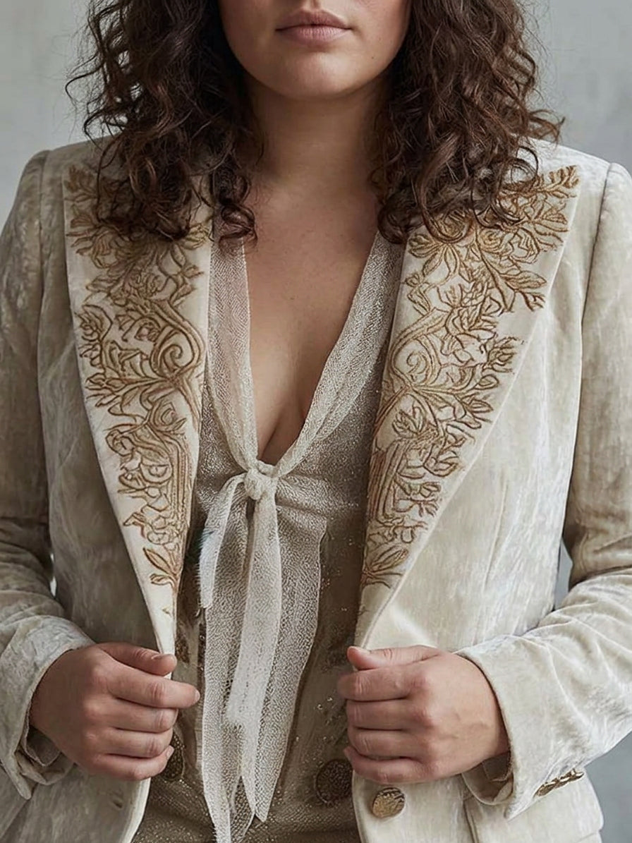 Blazer Donna Sartoriale Ricamo Oro Avorio