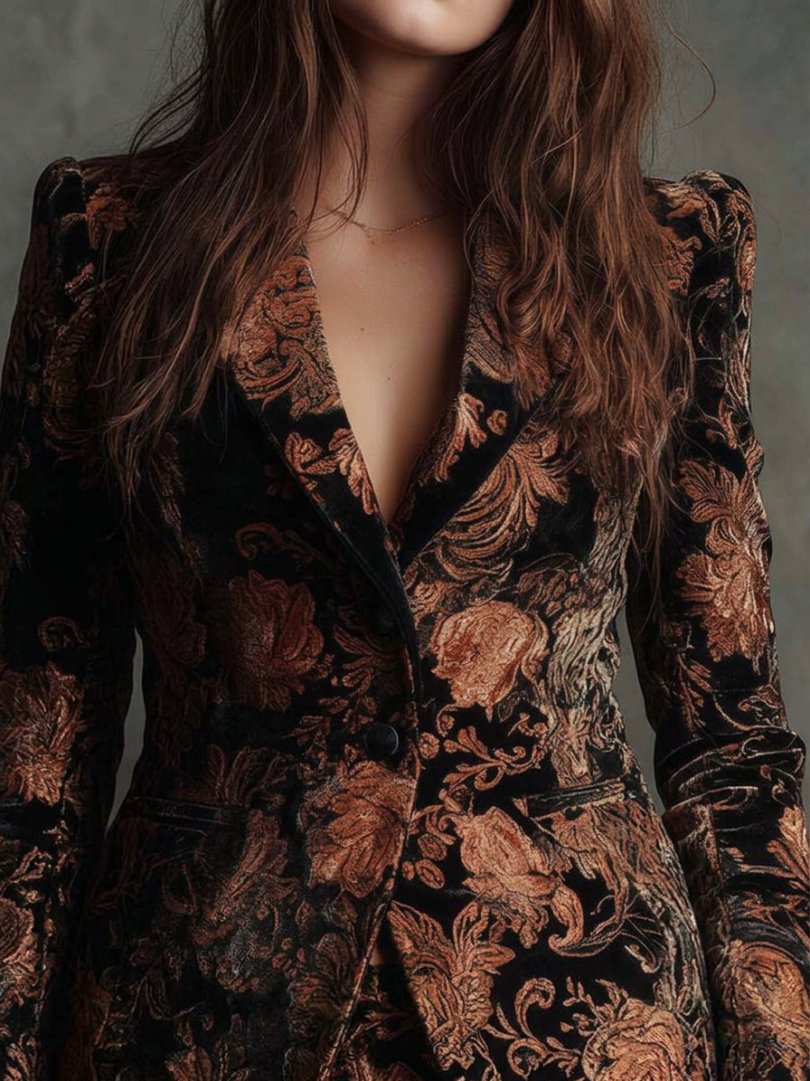 Blazer Donna Aderente Jacquard Floreale Elegante