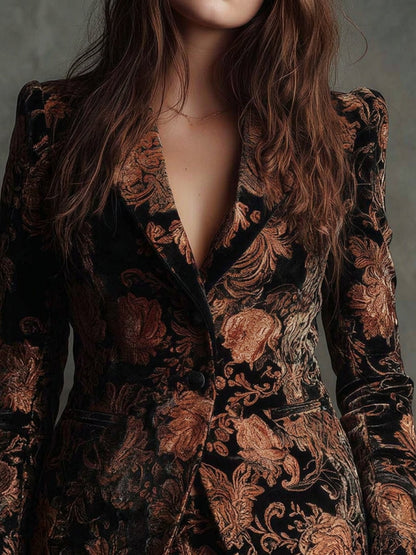 Blazer Donna Aderente Jacquard Floreale Elegante