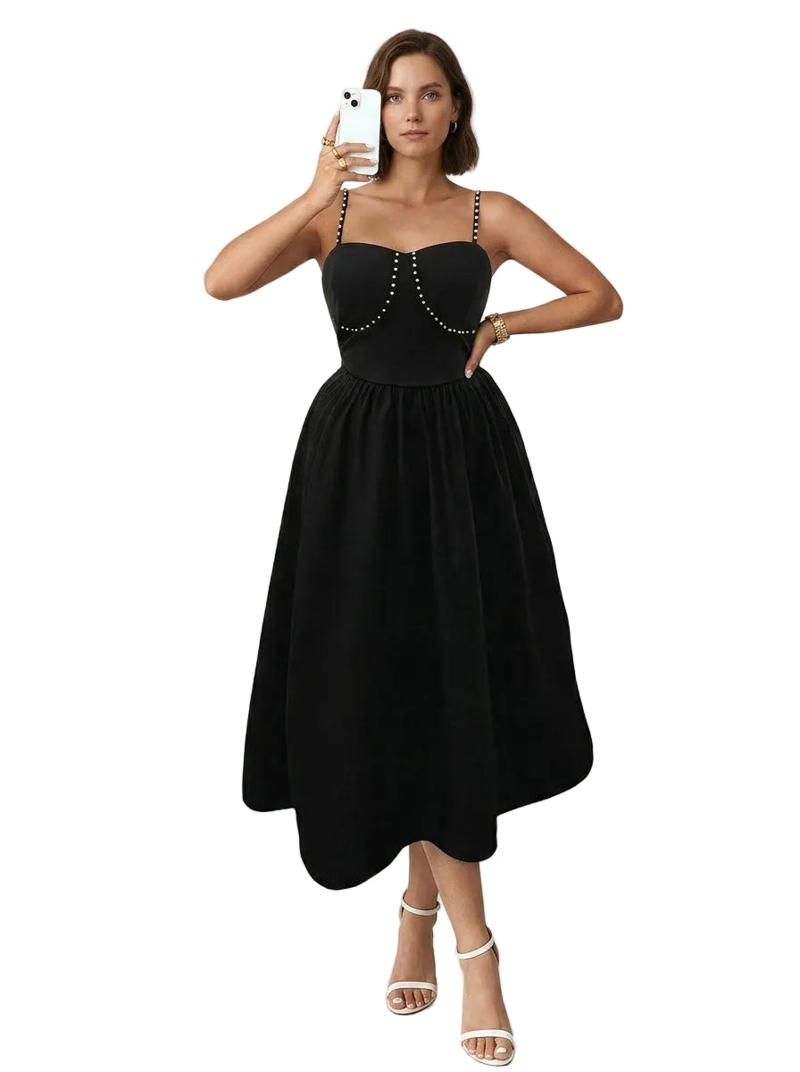 Abito midi da donna con borchie e spalline incrociate sulla schiena - Front [Lystr 6a192f7d75b0ccfc00ea5143:front]