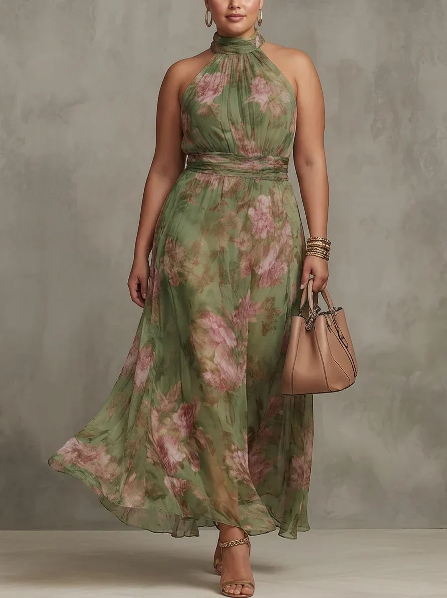 Abito Lungo Donna Chiffon Floreale Collo Halter