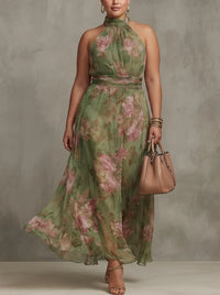 Abito Lungo Donna Chiffon Floreale Collo Halter