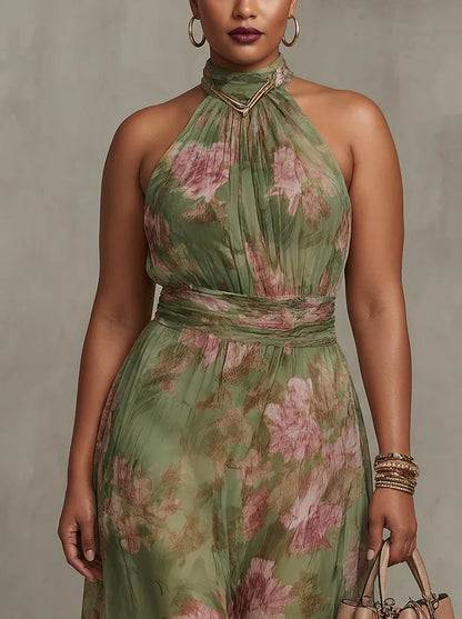 Abito Lungo Donna Chiffon Floreale Collo Halter