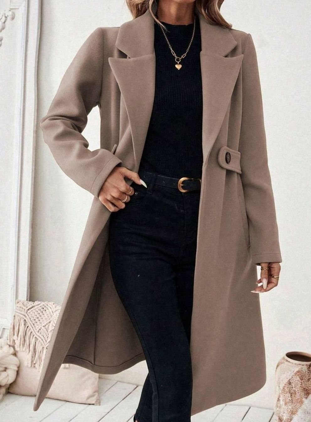 Cappotto Lungo Donna con Cintura e Collo Ampio