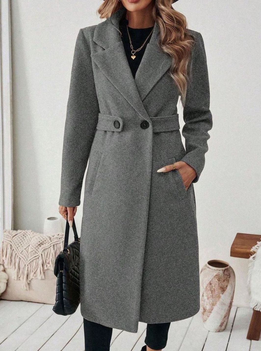 Cappotto Lungo Donna con Cintura e Collo Ampio
