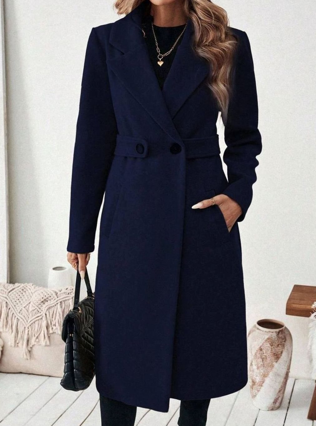 Cappotto Lungo Donna con Cintura e Collo Ampio