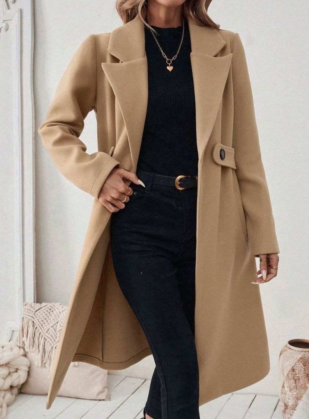 Cappotto Lungo Donna con Cintura e Collo Ampio