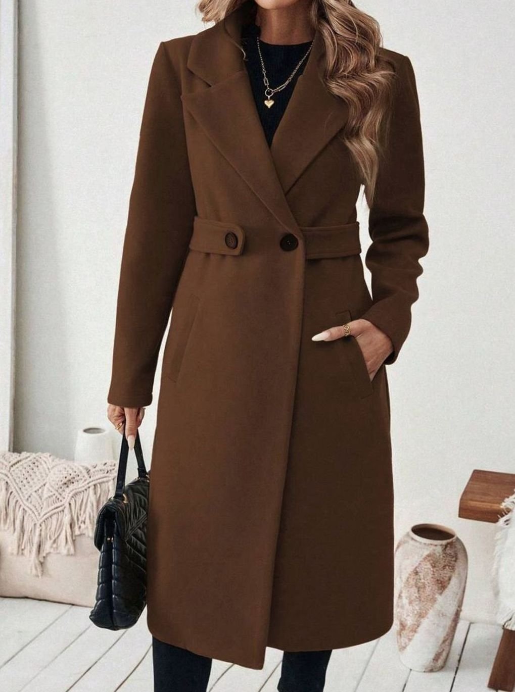 Cappotto Lungo Donna con Cintura e Collo Ampio