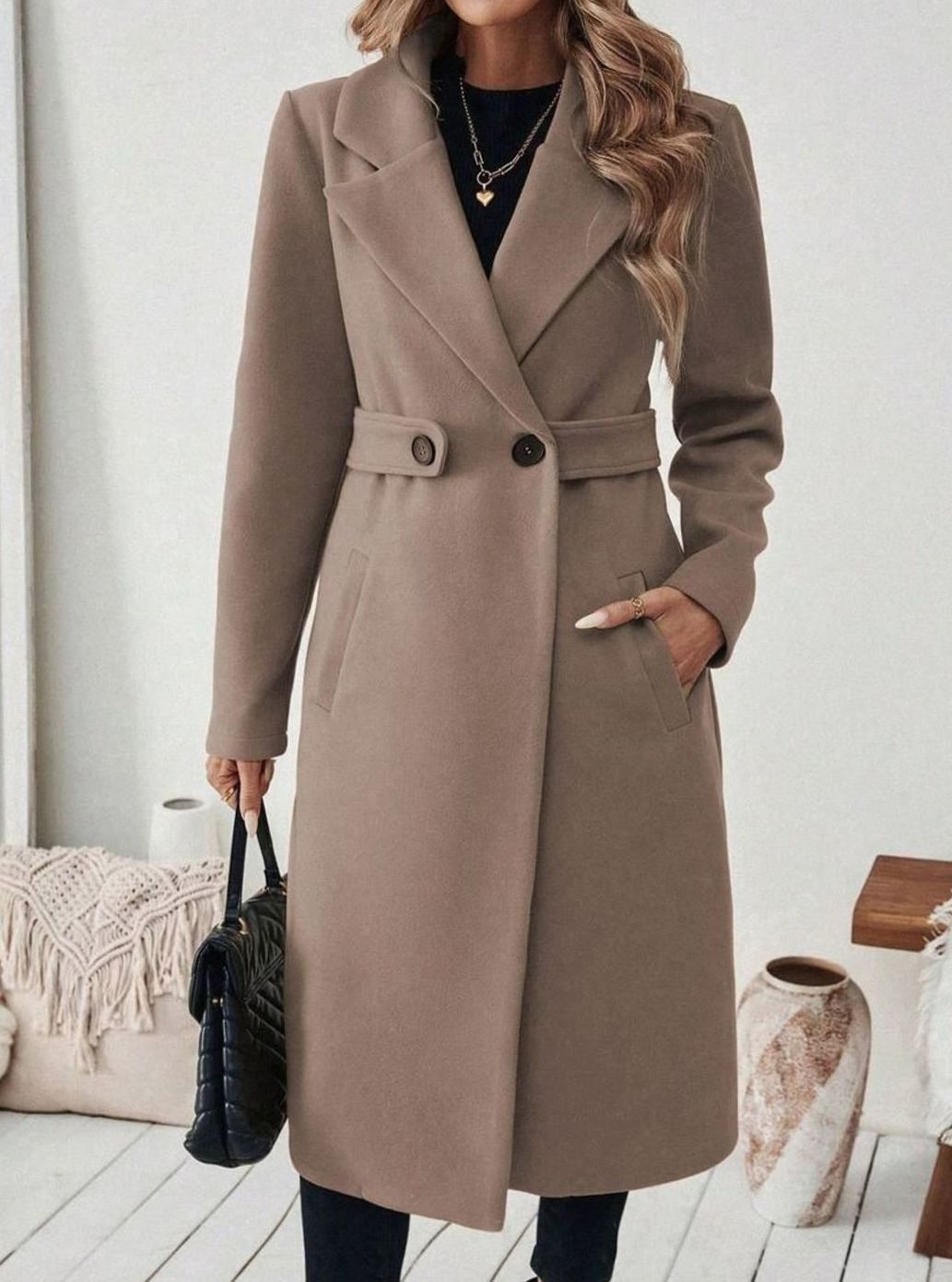 Cappotto Lungo Donna con Cintura e Collo Ampio
