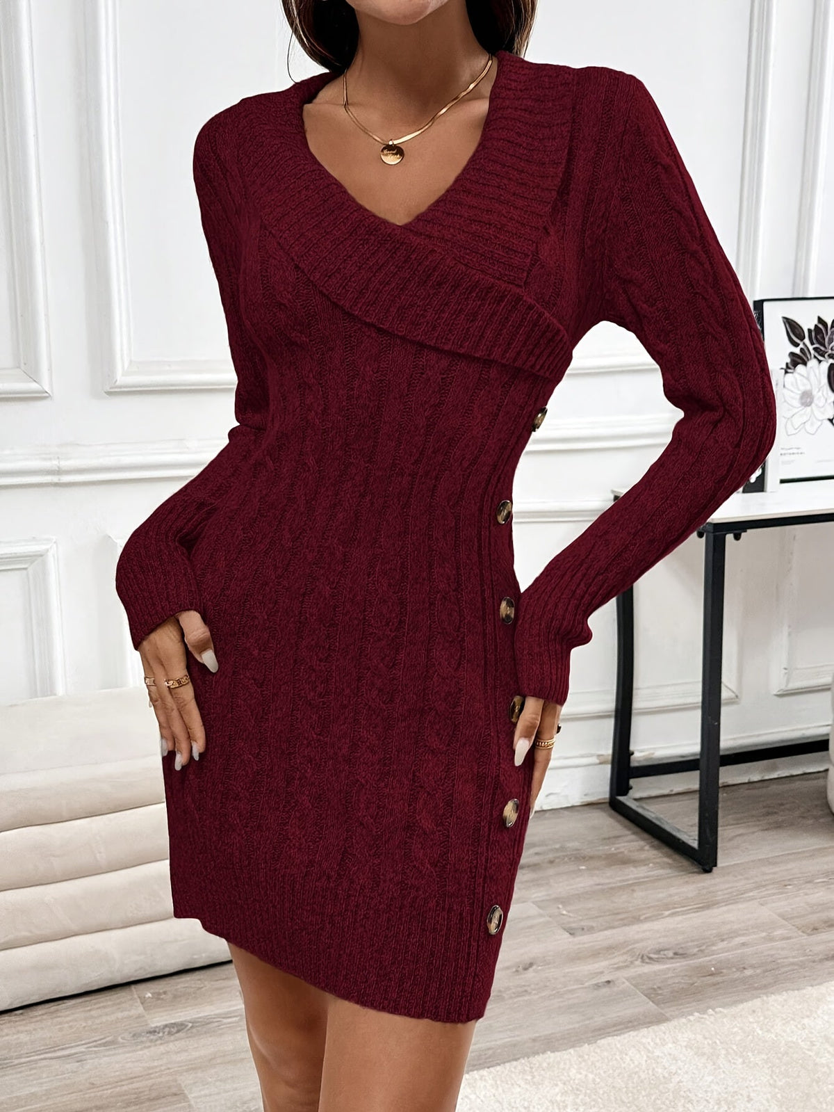 Abito Maglia Donna Corto a Trecce Bottoni Dorati