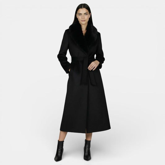 Cappotto Lungo Nero Donna Elegante in Lana con Collo in Pelliccia Sintetica