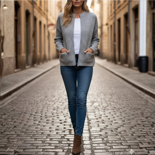 Cardigan Donna Elegante in Maglia con Zip e Tasche Frontali