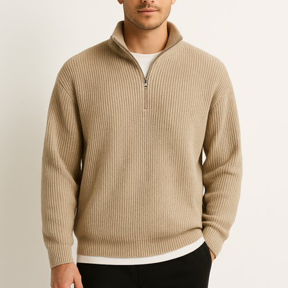Maglione Uomo Mezza Zip a Coste Collo Alto