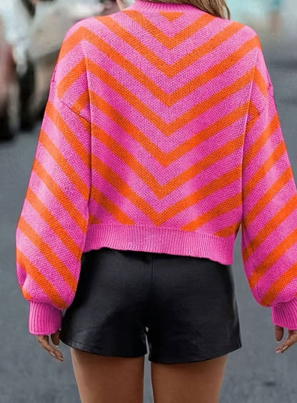 Maglione Donna a Righe Chevron Maniche a Sbuffo