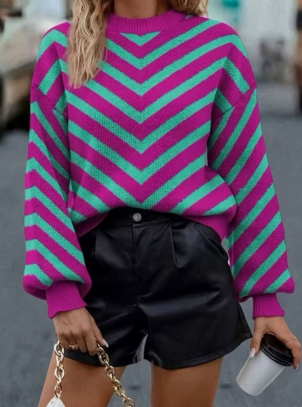 Maglione Donna a Righe Chevron Maniche a Sbuffo