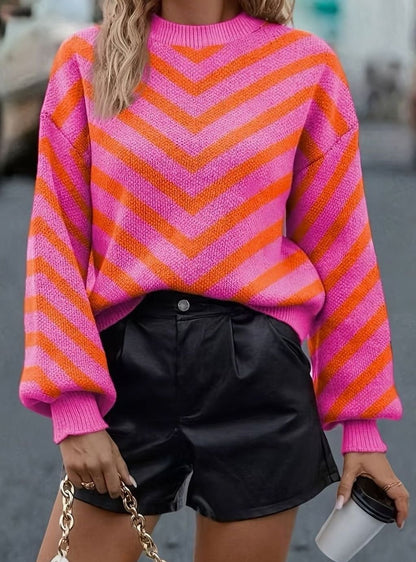 Maglione Donna a Righe Chevron Maniche a Sbuffo